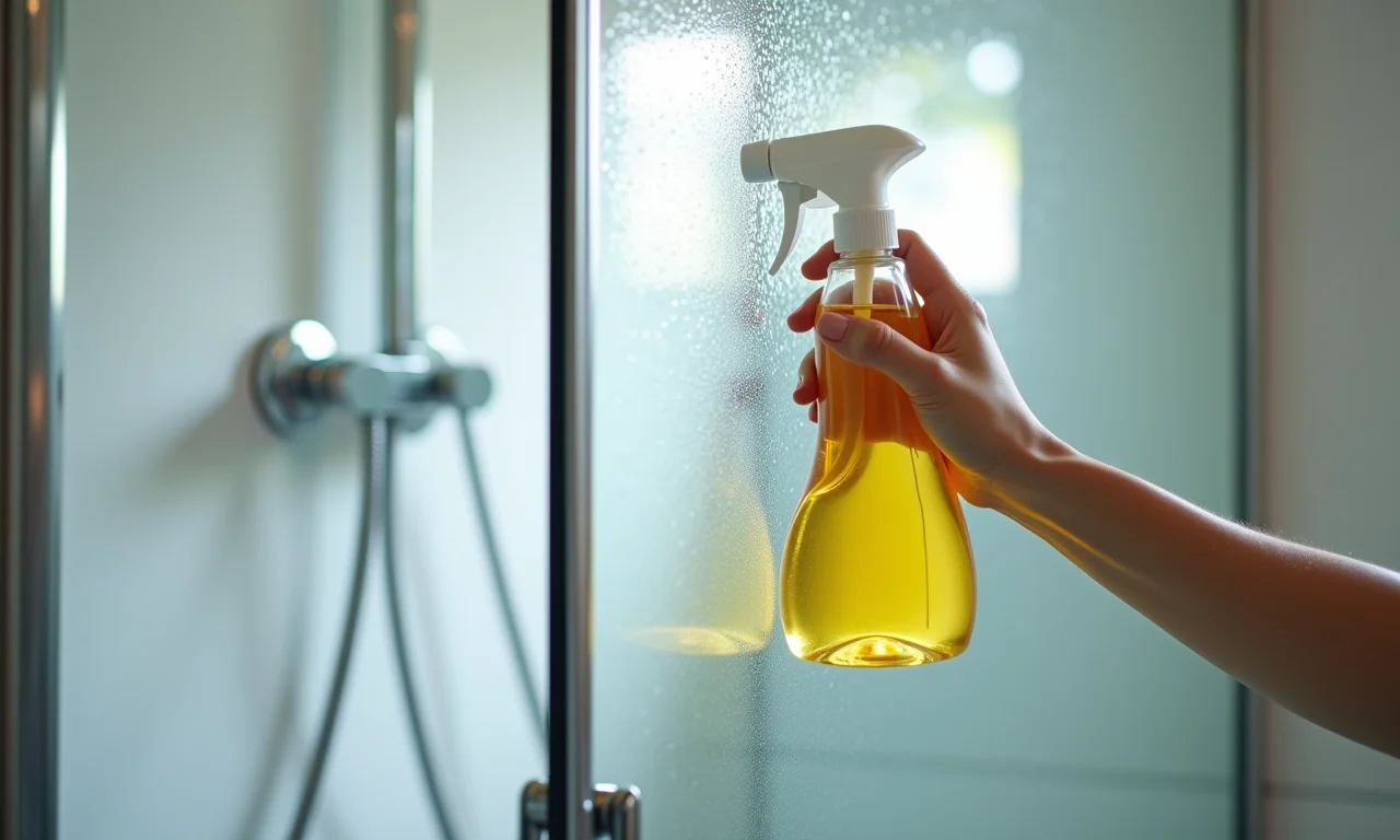 Desengordurante multiuso sendo usado na limpeza do box sanfonado.