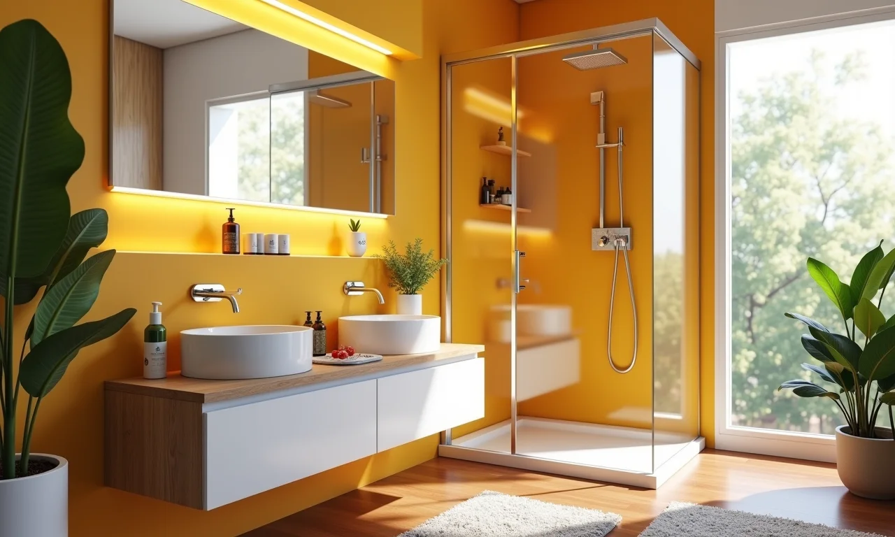 Design de interior de banheiro pequeno com aproveitamento de espaço.