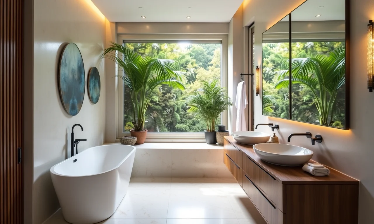 Design moderno e sofisticado em banheiro com janela de canto.