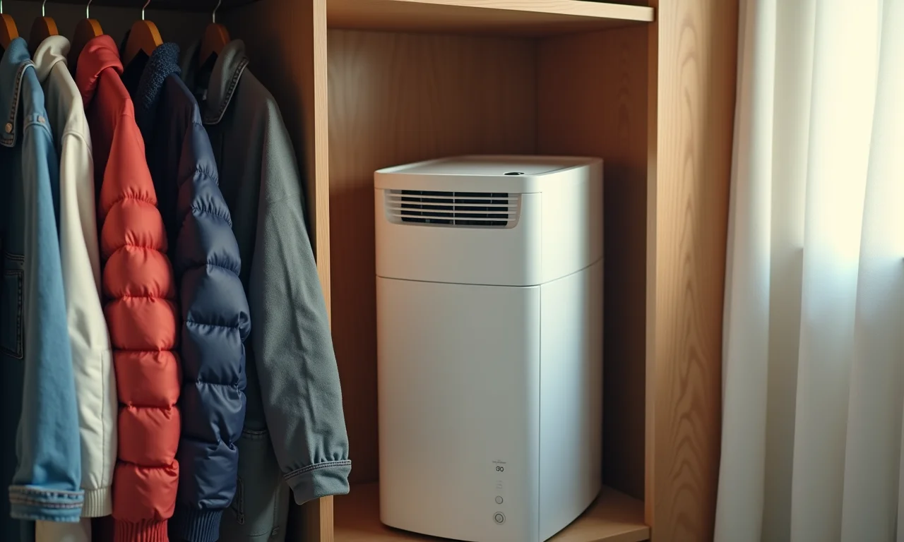 Desumidificador em armário com roupas de inverno, controlando a umidade e prevenindo o mofo.