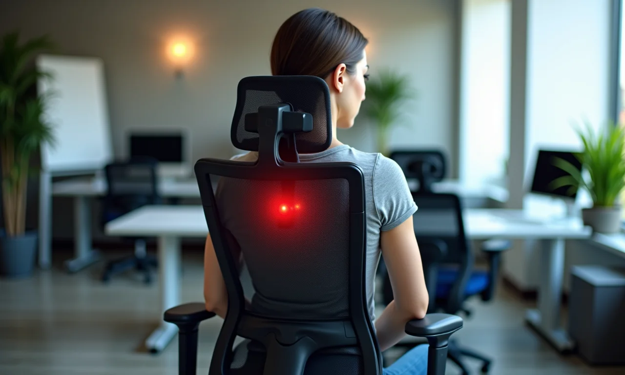Detalhe da cadeira de escritório com massagem aliviando a tensão muscular nas costas.