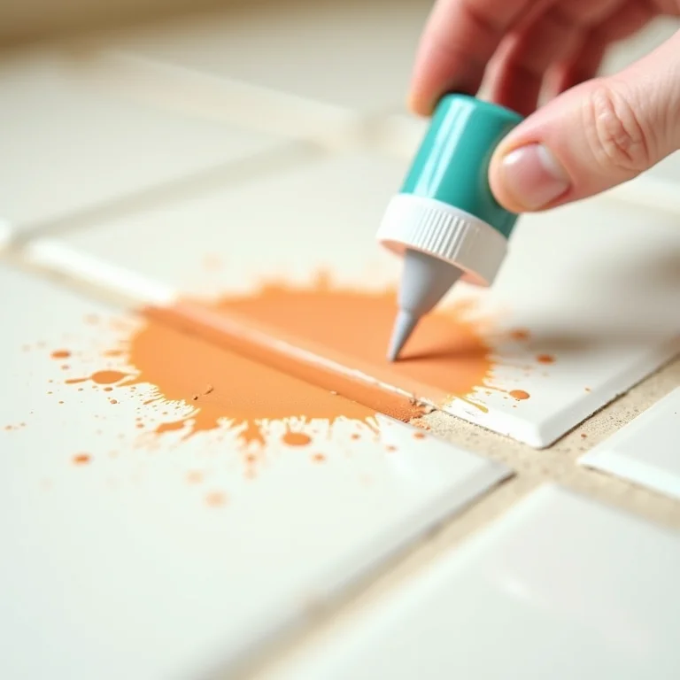 Detalhe da limpeza de uma mancha de tinta colorida no piso com removedor caseiro.