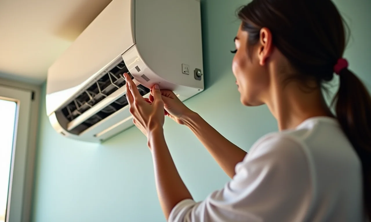 Detalhe da limpeza do filtro do ar condicionado para economia de energia.