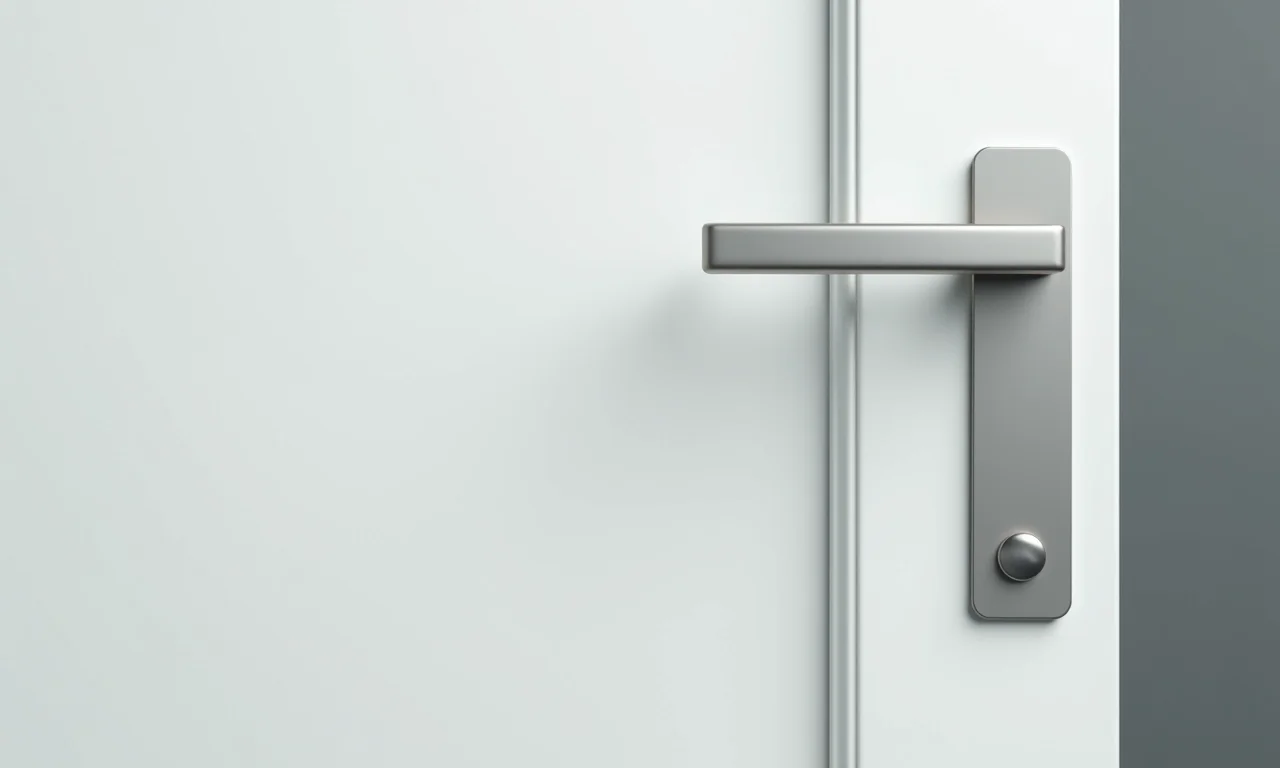 Detalhe da porta de alumínio branca com identificação do modelo.