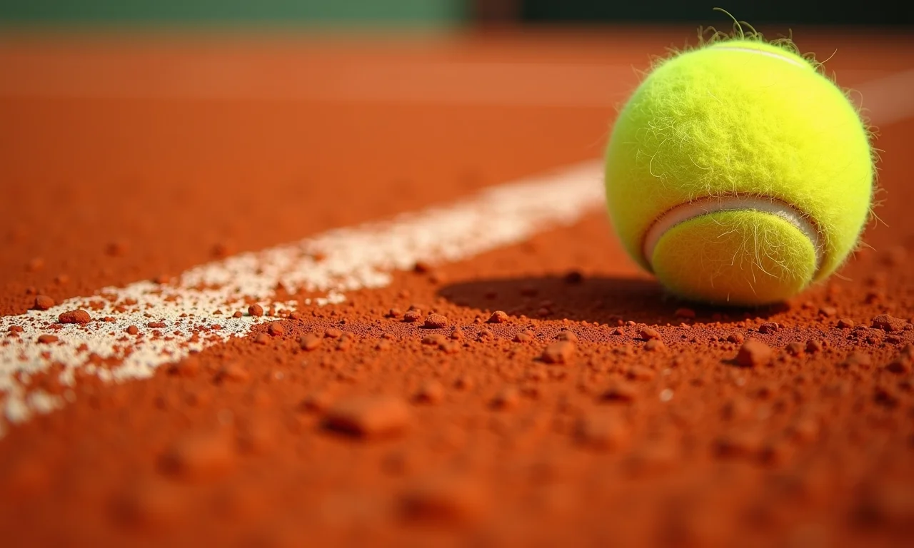 Detalhe da superfície de uma quadra de tênis de saibro.