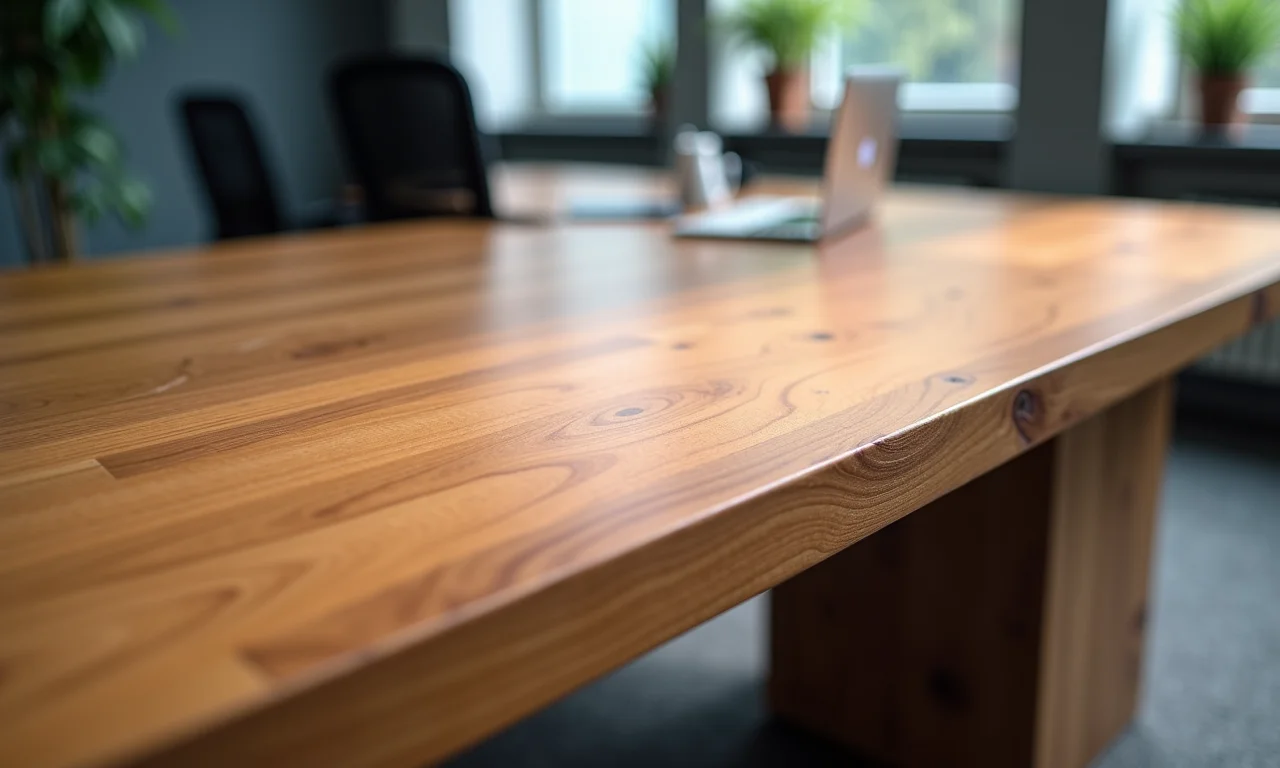 Detalhe da textura de uma mesa de madeira de alta qualidade.