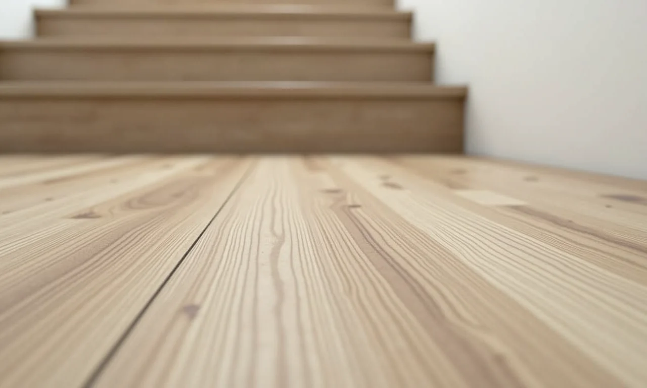 Detalhe da textura do piso vinílico Quick-Step em escada, com iluminação natural.