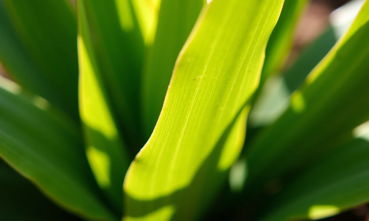 Detalhe das folhas de uma planta, com a luz do sol criando sombras.