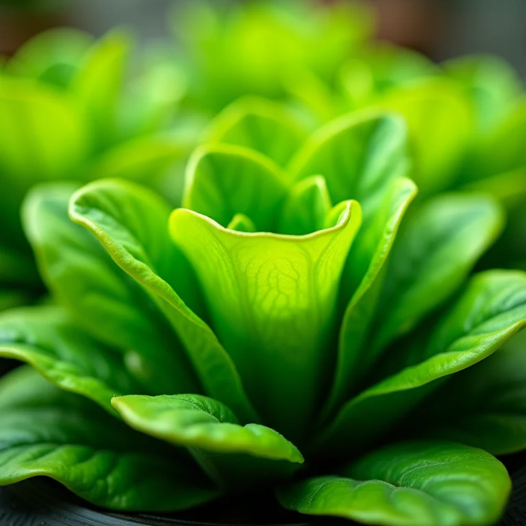 Detalhe das folhas verdes vibrantes crescendo na horta vertical de pneus.