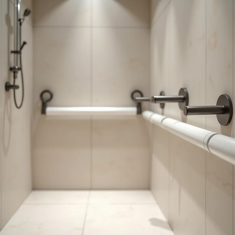 Detalhe de barras de apoio estrategicamente posicionadas em um banheiro acessível