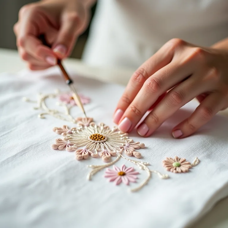 Detalhe de bordado floral em toalha branca