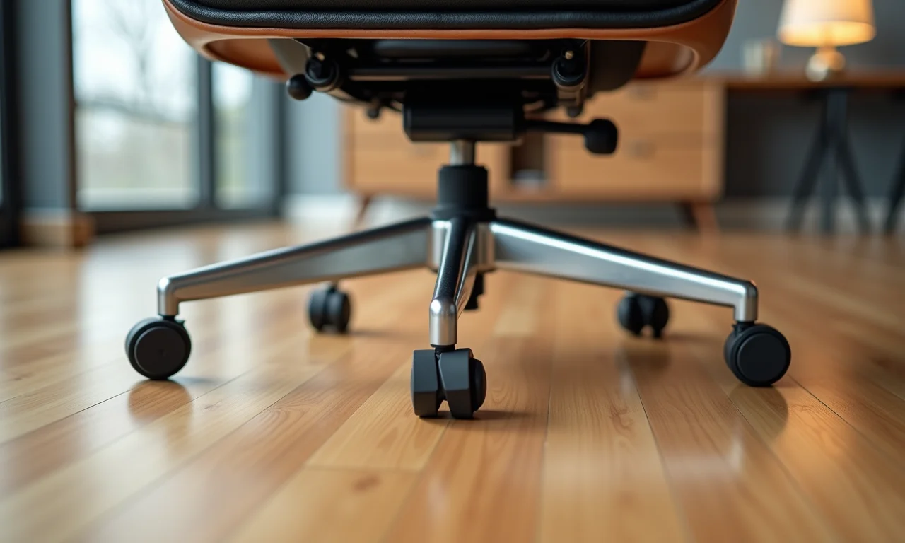 Detalhe de cadeira de escritório sem rodinhas, enfatizando sua estabilidade e design moderno.