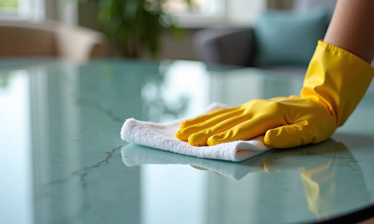 Detalhe de impressões digitais em mesa espelhada, evidenciando a necessidade de limpeza.