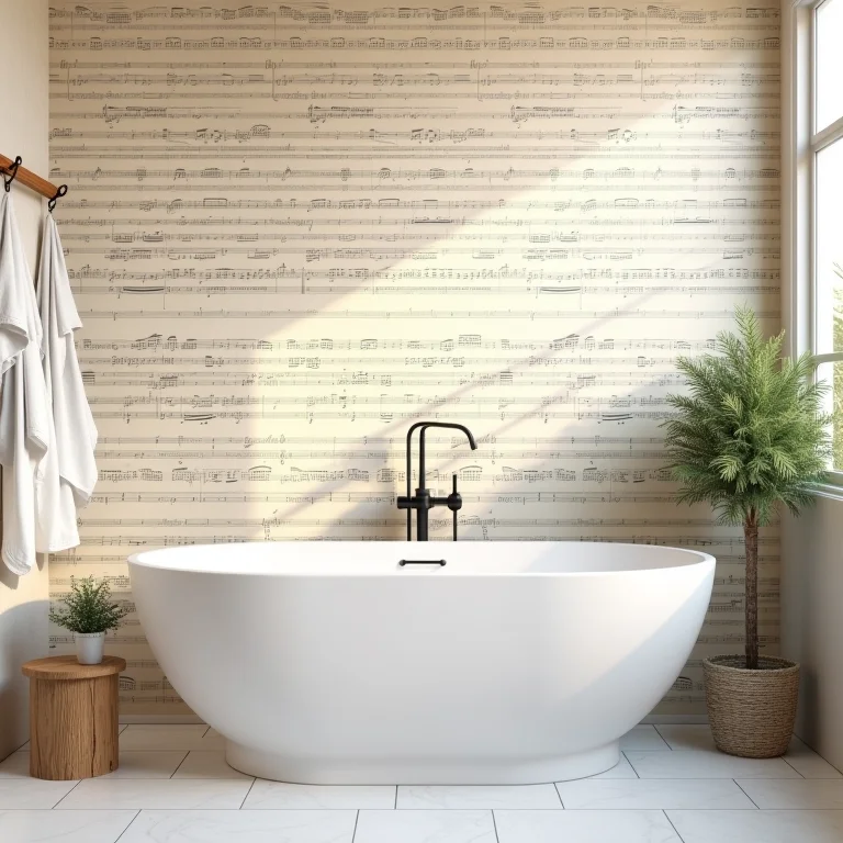 Detalhe de papel de parede com partituras em banheiro temático musical.