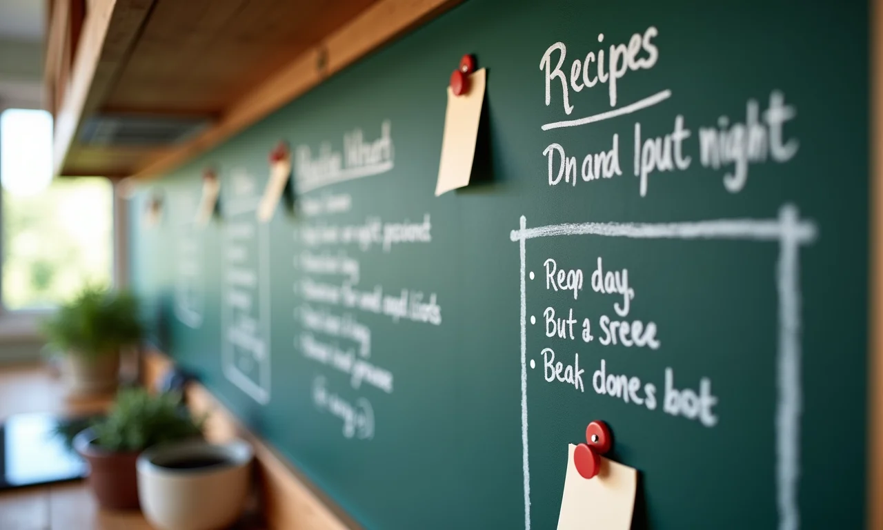 Detalhe de parede de lousa na cozinha com receitas e desenhos.