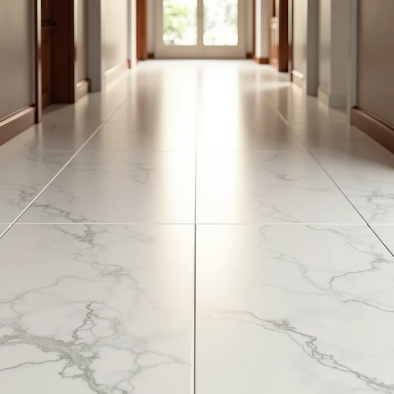 Detalhe de piso de porcelanato em hall de entrada com acabamento impecável