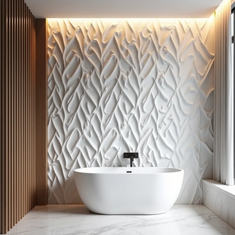 Detalhe de revestimento 3D em um banheiro moderno.