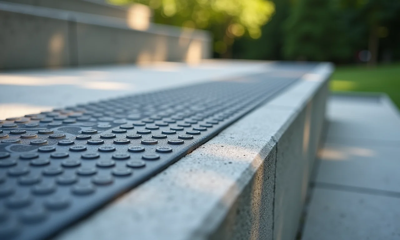 Detalhe de superfície antiderrapante em degraus de escada externa.