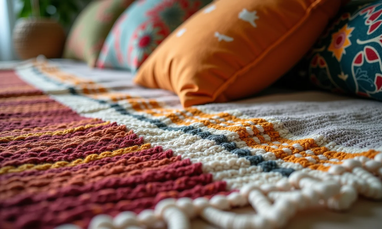 Detalhe de texturas boho: tapeçaria, macramê e almofadas coloridas