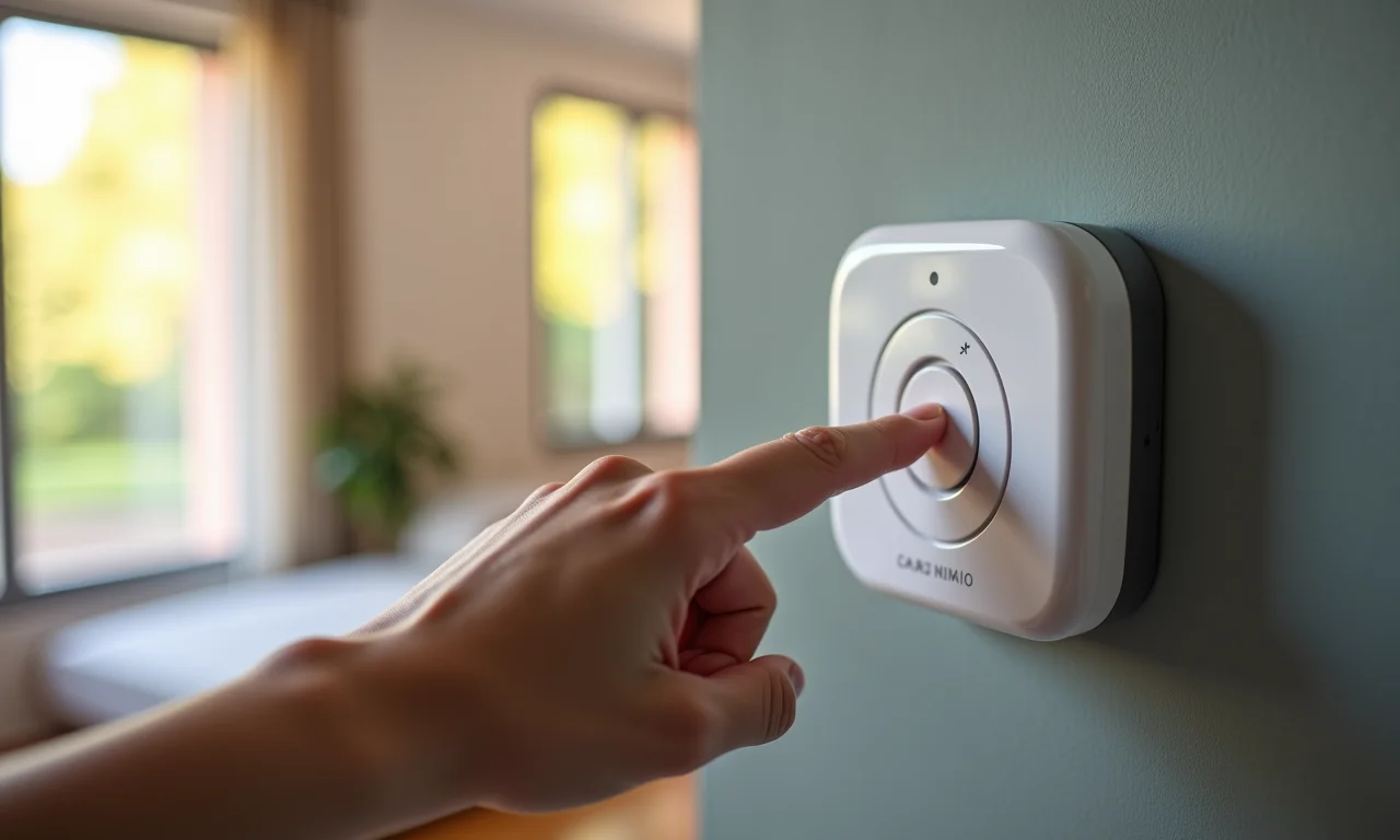 Detalhe de um botão de pânico moderno em ambiente doméstico.