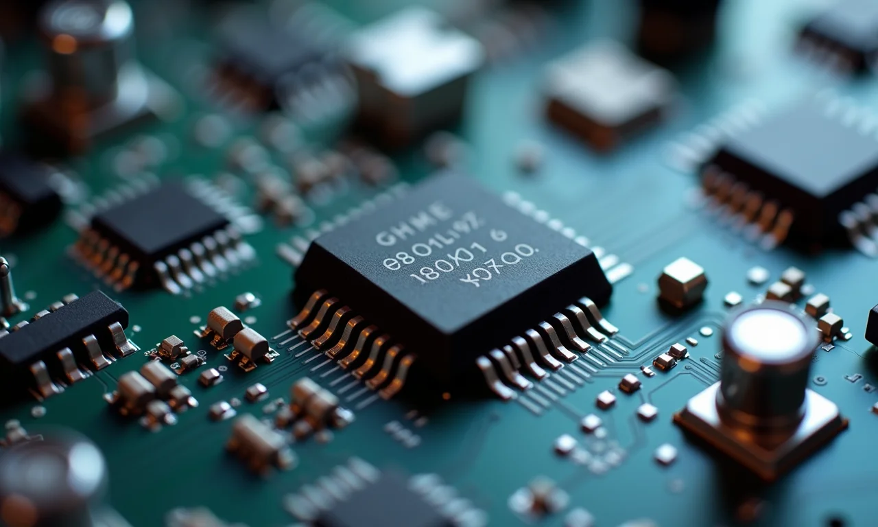 Detalhe de um MOSFET em uma placa de circuito.