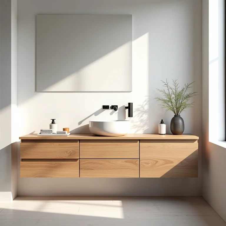 Detalhe de uma bancada de banheiro escandinava com pia de cerâmica