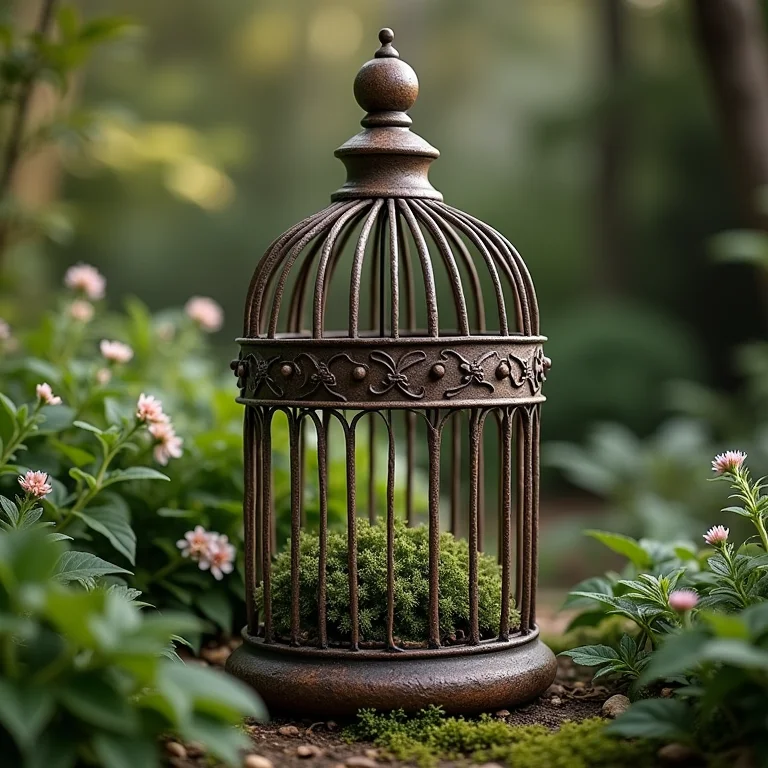 Detalhe de uma gaiola rústica em meio à vegetação.