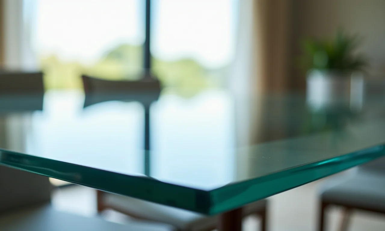 Detalhe de uma mesa de jantar de vidro com reflexo da luz natural.