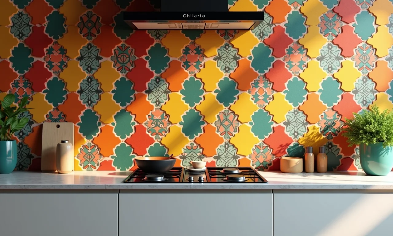 Detalhe de uma parede de cobogó colorida utilizada como revestimento em uma cozinha moderna.