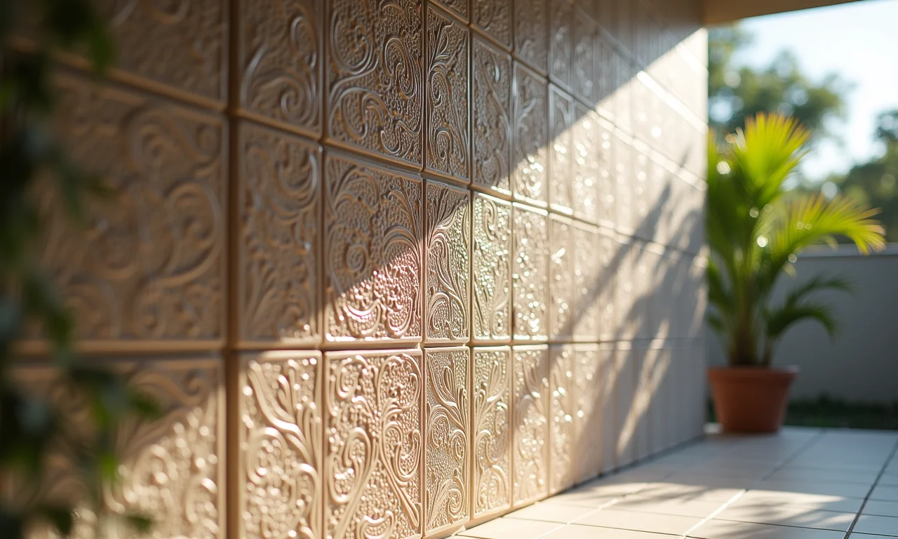 Detalhe de uma parede de cobogó de cerâmica em uma casa brasileira moderna.