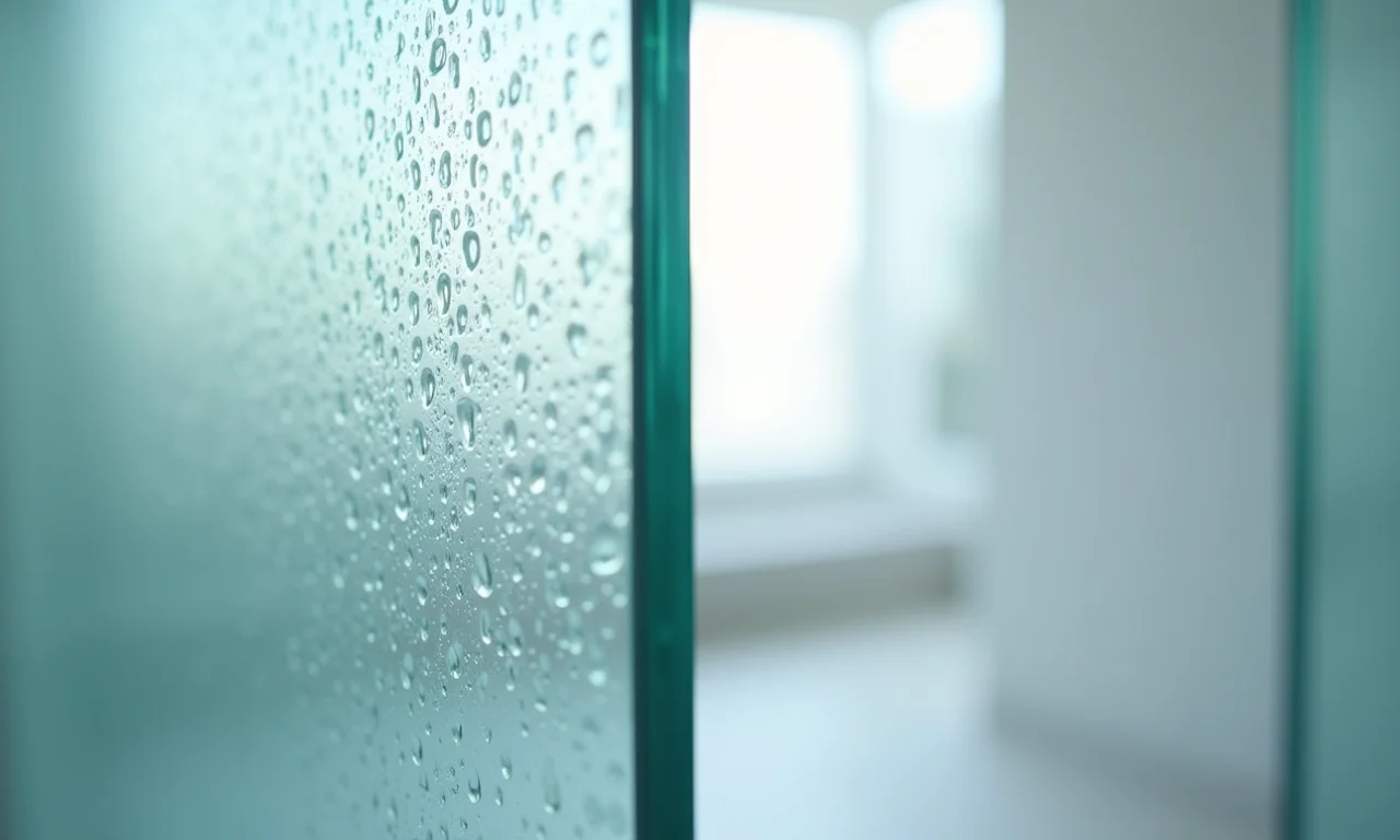 Detalhe de vidro texturizado em box até o teto com iluminação suave.