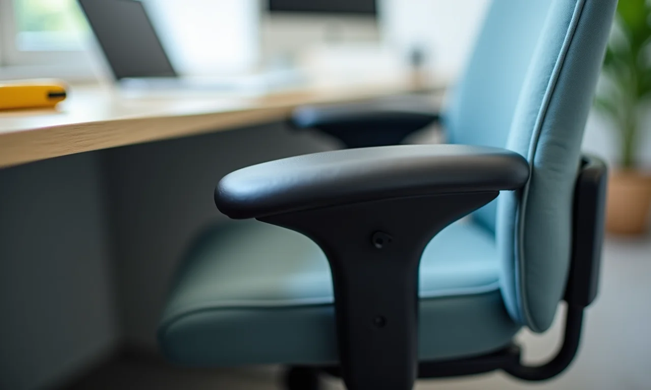 Detalhe do apoio de braço ajustável em uma cadeira de escritório.