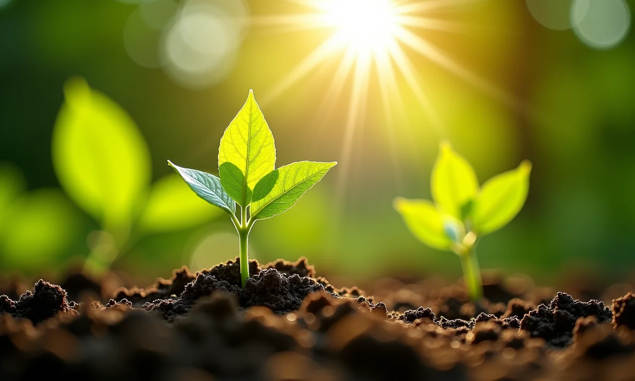 Detalhe do sol da manhã filtrando entre as folhas, com foco na umidade do solo.