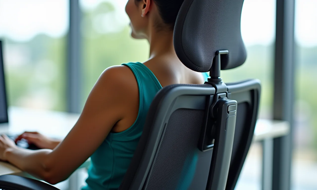 Detalhe do suporte lombar ajustável em uma cadeira ergonômica.