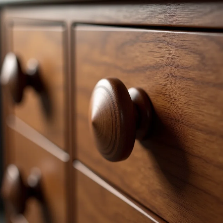 Detalhes de puxadores de madeira em gavetas e armários.