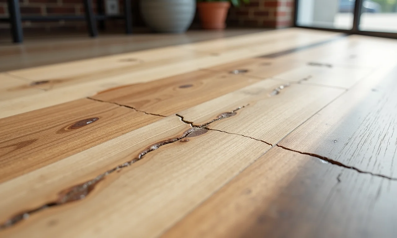 Detalhes de um piso Fulget com rachaduras e manchas, ilustrando suas desvantagens.