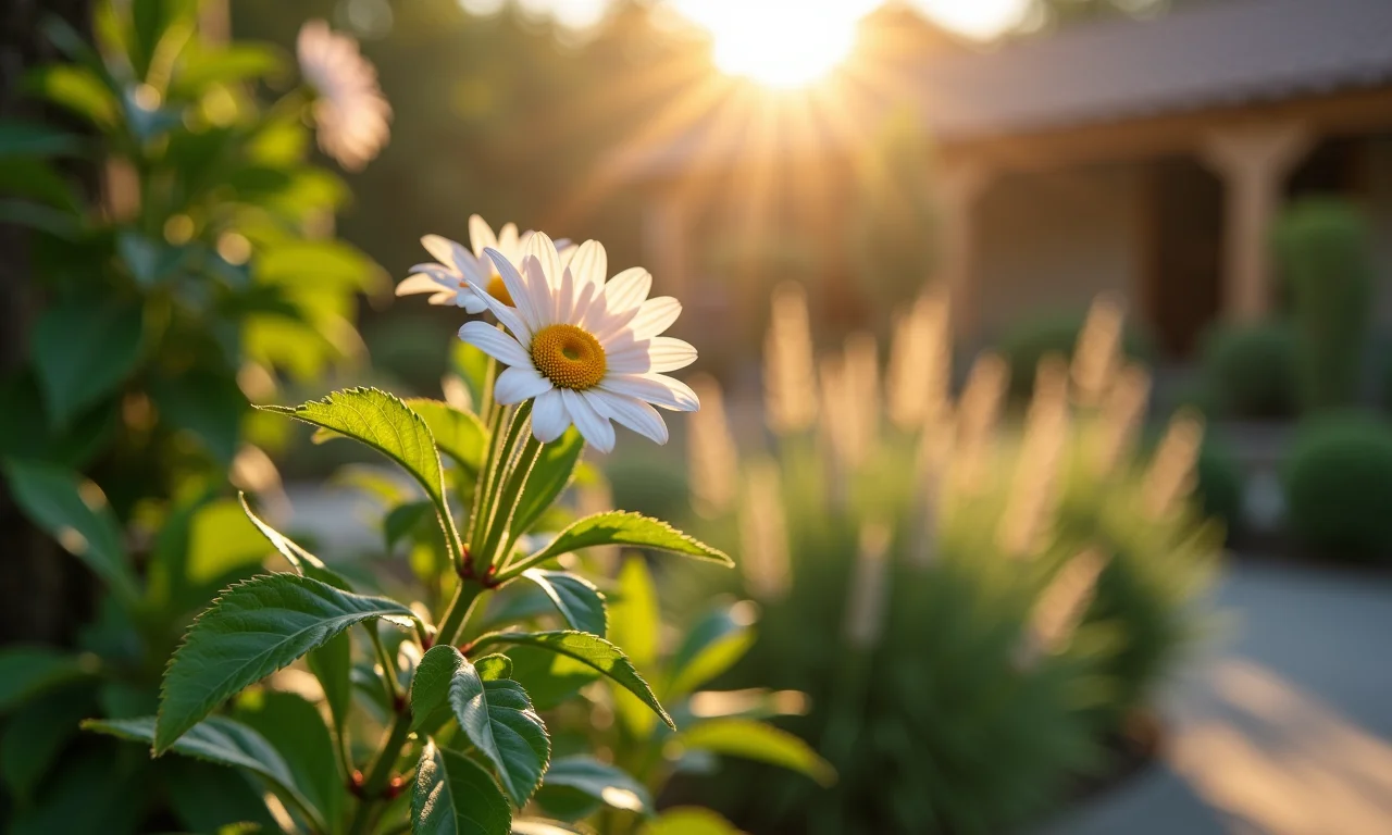 Detalhes decorativos de cobogó em um jardim ensolarado.