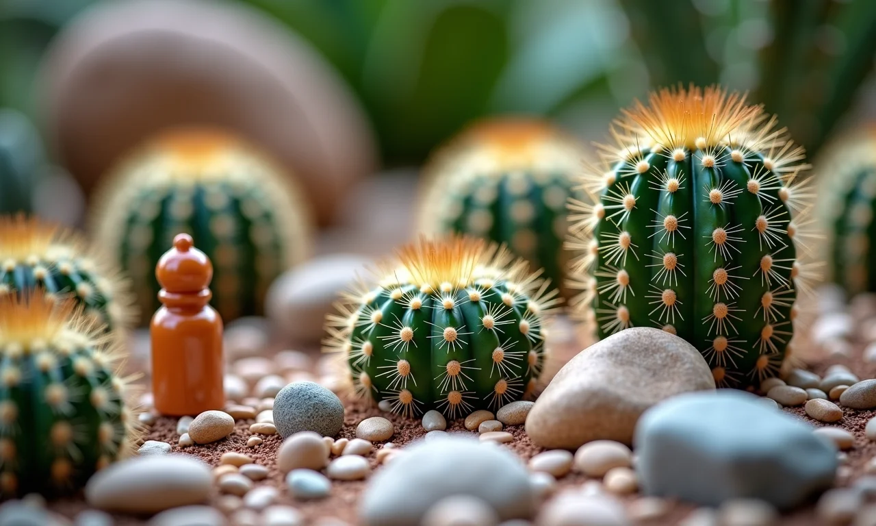 Detalhes decorativos em jardim de pedras com cactos.