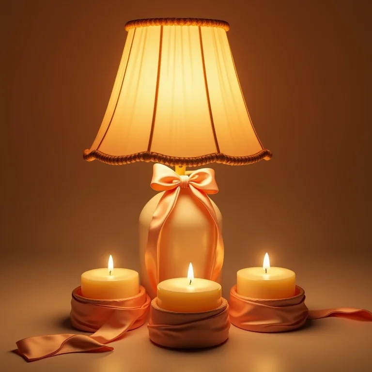 Detalhes decorativos em seda, como um abajur e fitas em velas