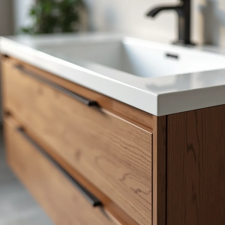 Detalhes do material e acabamento de um gabinete de banheiro