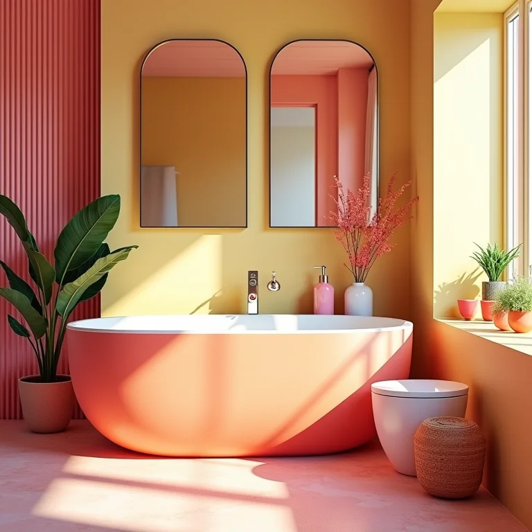 Detalhes em cores vibrantes em um banheiro social moderno