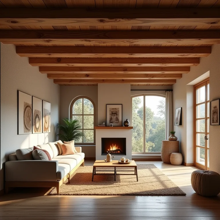 Detalhes em madeira disfarçando viga em ambiente rústico.