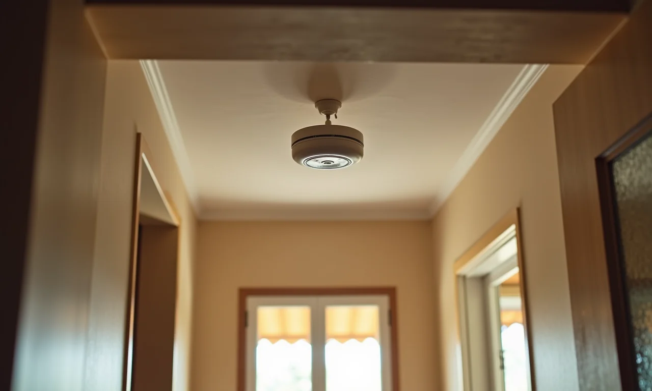 Detector de fumaça instalado no teto de um corredor.