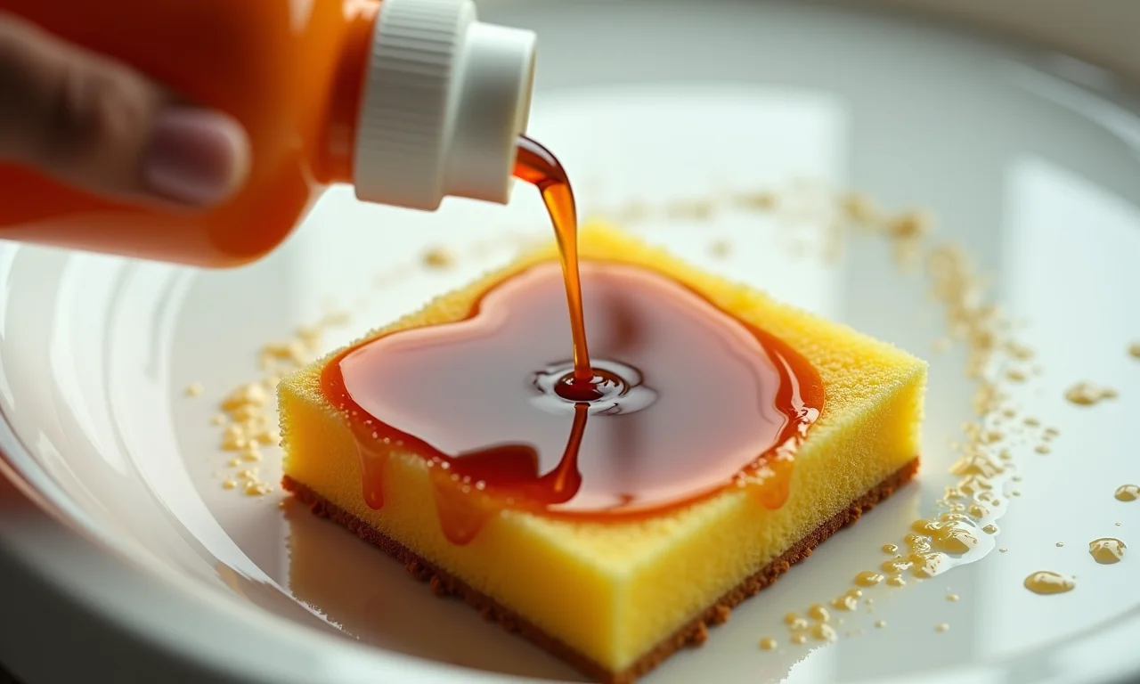 Detergente neutro sendo aplicado em esponja para limpar mancha de café.