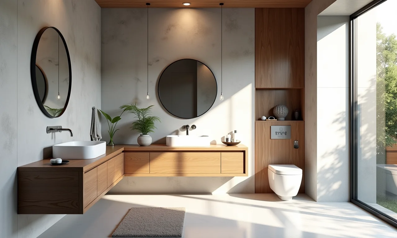 Dicas extras para um banheiro perfeito com cimento queimado e madeira.