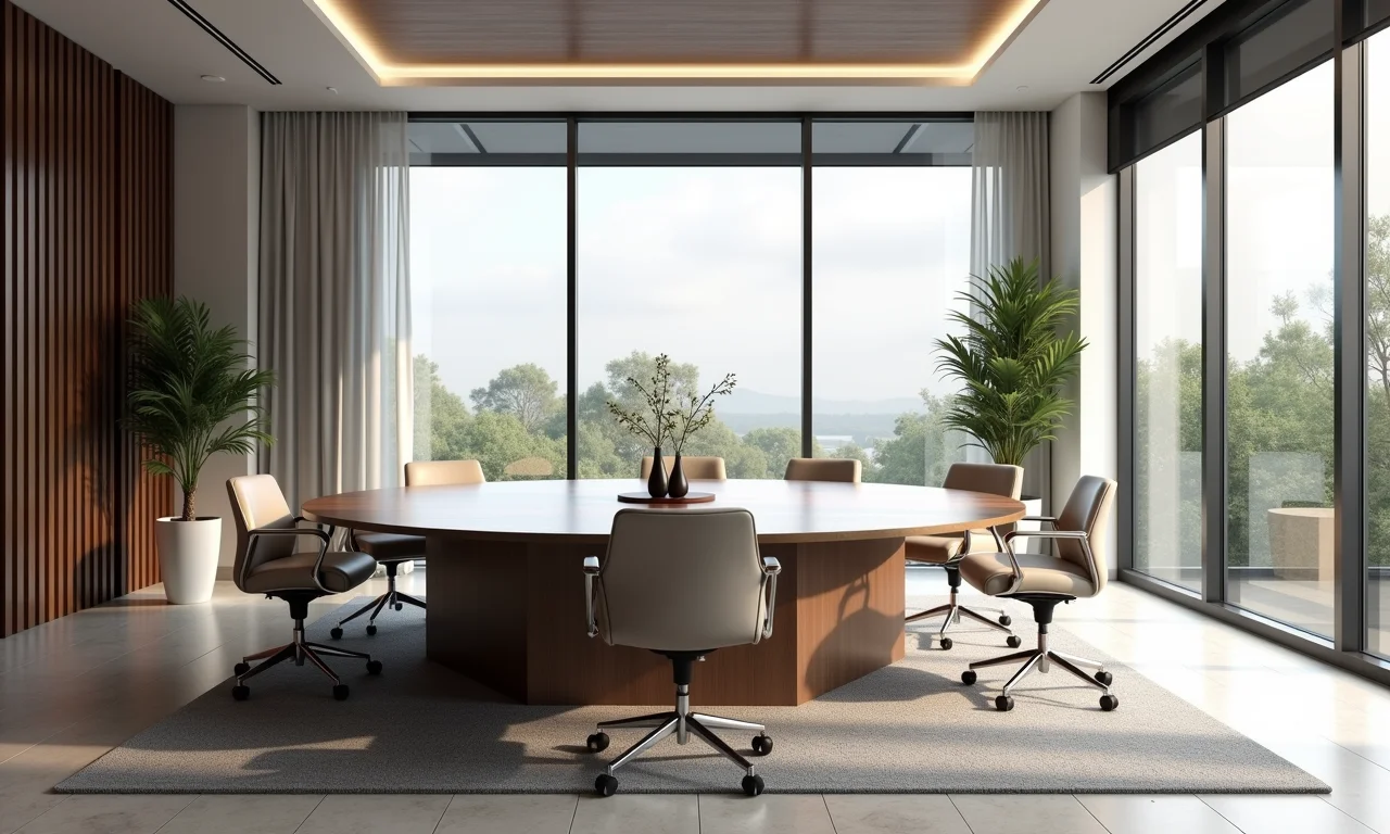 Diferentes formatos de mesas de reunião em um escritório.