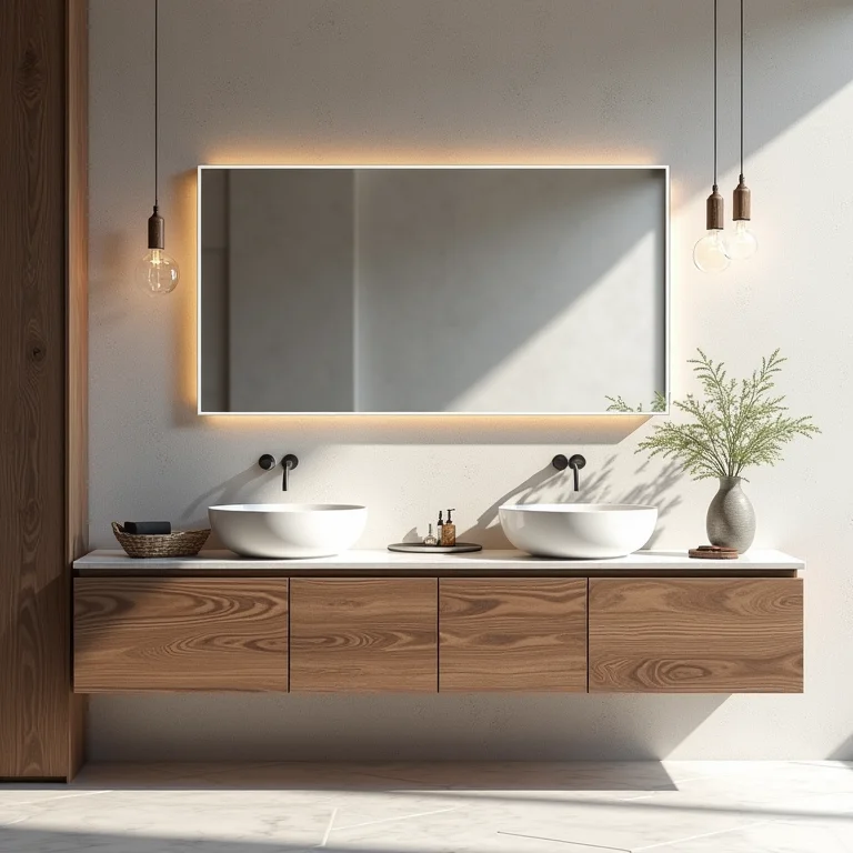 Diferentes materiais (madeira, pedra, laminado) para bancadas de banheiro.