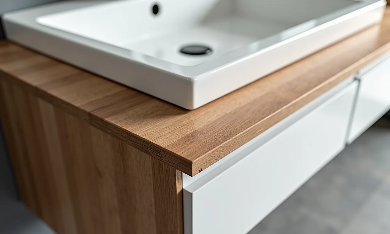 Diferentes materiais para gabinetes de banheiro 60x40: madeira, laminado e MDF.