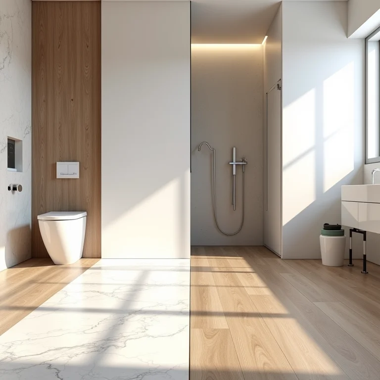 Diferentes tipos de revestimentos para banheiro: cerâmica, porcelanato, vinílico e laminado.