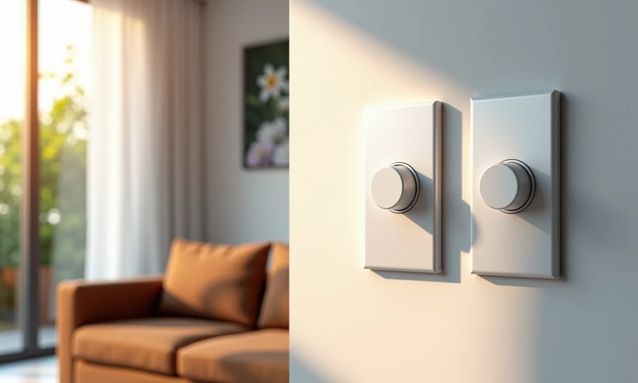 Dimmer de botão moderno em sala de estar iluminada.
